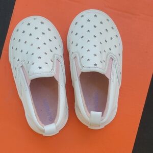 Faux-Leather Slip White Slip-On Sneakers with Pink Accents and Star